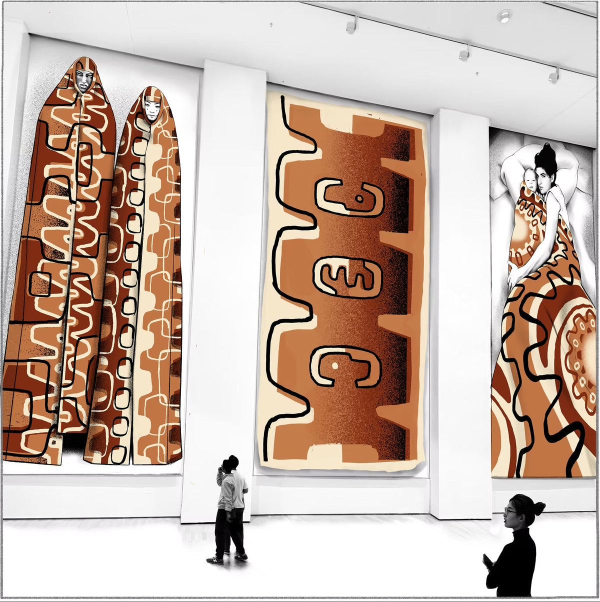 Three large vertical wall art pieces by Andrew Reid with abstract and patterned designs displayed in a modern gallery space. Two small human figures are visible standing below the artworks, which makes this a Lifestyle image due to the presence of people in a real environment.